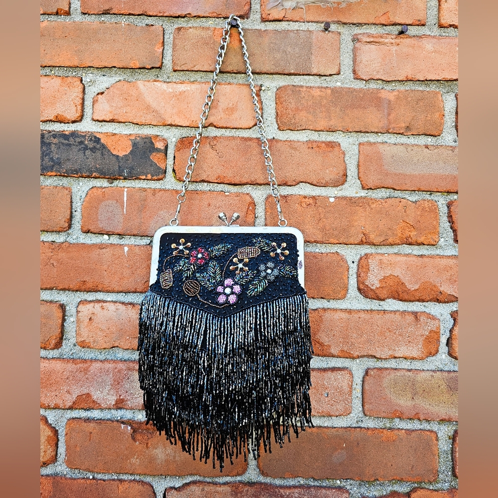 VTG Beaded Fringe Clutch | Black Satin Embroidered Evening Bag | Multicolor Flor
